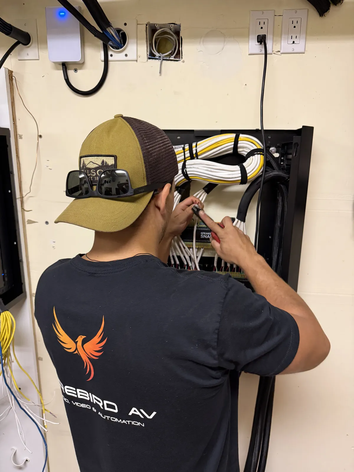 Technician terminating a wall enclosure